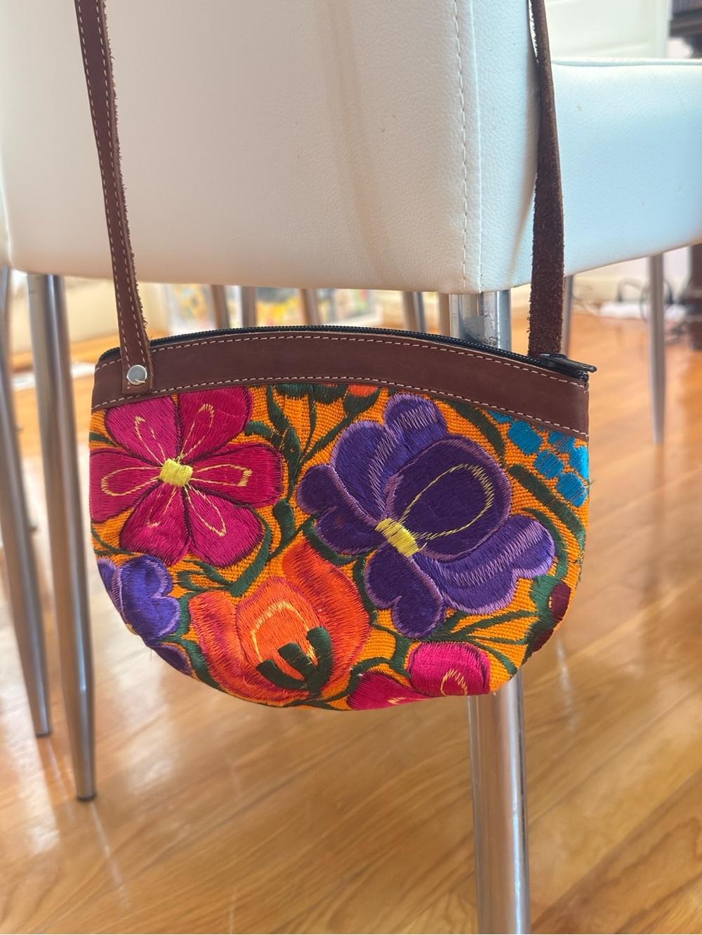 Hand-Embroidered Orange Floral Crossbody Bag with Purple Accents